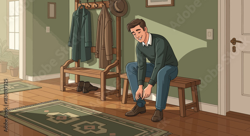 Man tying shoelaces in cozy entryway, preparing for the day ahead with a smile