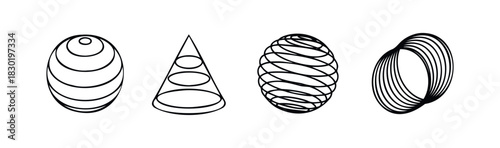 Minimalist black line drawings of abstract geometric shapes including an oval, a cone, and spherical forms, useful for modern graphic needs and conceptual compositions.