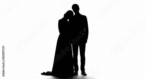 Elegant silhouette of a romantic couple standing together.