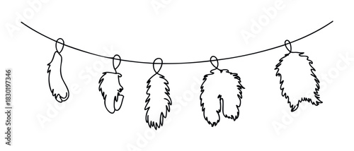 Simple line drawing of five different textured feathers hanging from a curved string, perfect for crafting and natural decor projects.