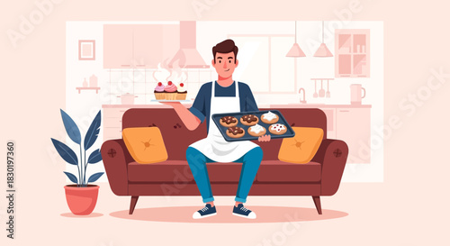 Young man relaxing on sofa with freshly baked treats in modern kitchen setting