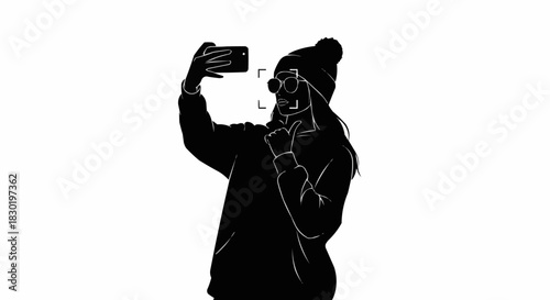 Silhouette of a person taking a selfie with a smartphone.