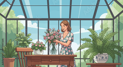 Cartoon illustration of a woman arranging flowers in a greenhouse environment