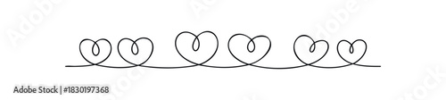 Whimsical black continuous line drawing of five connected hearts creating a decorative border or divider for romantic themes and celebrations like Valentines Day or weddings.