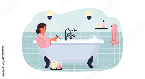 Relaxing bathroom scene: Woman enjoying a bubble bath with candles ambiance