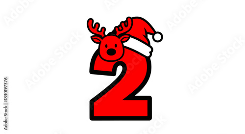 A festive red number two decorated with a cute cartoon reindeer wearing a Santa hat for Christmas.