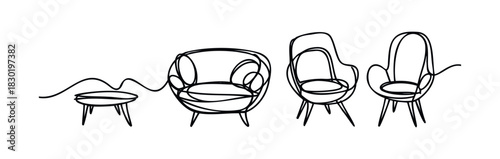 Hand drawn sketch of a small table and three modern chairs in a row, perfect for interior concepts, furniture catalogs, and architectural presentations.