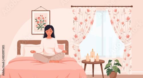 Serene morning: Woman practicing meditation in her tranquil bedroom oasis