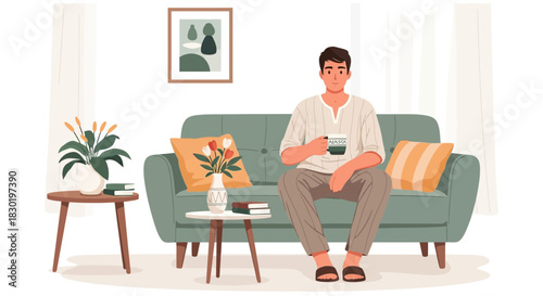 Man relaxing at home drinking coffee on sofa in comfortable environment