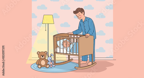 Loving father watching over his peacefully sleeping baby in a cozy nursery scene