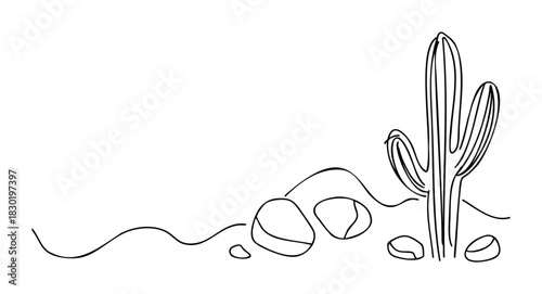 Minimalist line drawing of a saguaro cactus and desert rocks on a wavy ground, perfect for nature, landscape, or botanical themes and backgrounds.