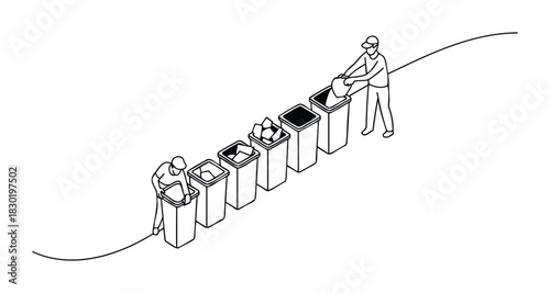 Two people sorting items into different waste bins suggesting recycling and waste management process for environmental protection and sustainability initiatives.
