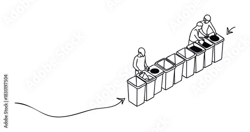 People sorting waste into recycling bins in a line sequence for environmental awareness and sustainable waste management campaigns.