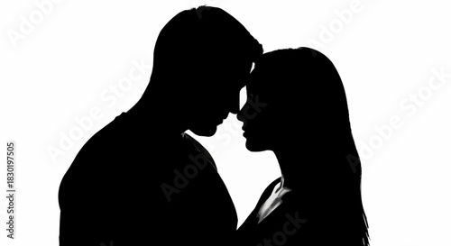 Black and white silhouette of a romantic couple touching foreheads.