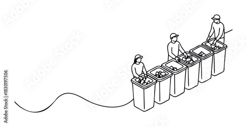 Workers sort items into recycling bins in a line, representing waste management and environmental responsibility in industry and community efforts for a sustainable future.