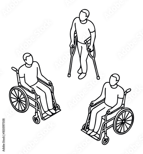 Isometric line art figures of people in wheelchairs and using crutches, representing mobility challenges and assistive devices, ideal for healthcare and accessibility themes.