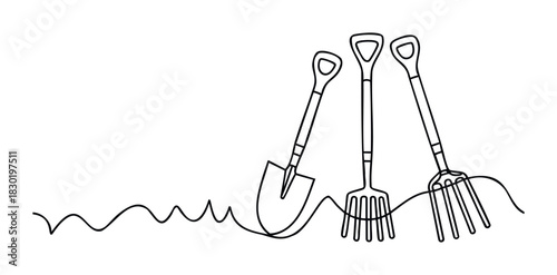 Gardening tools including a shovel, pitchfork, and hoe with a wavy line suggesting earth are perfect for agriculture and farm concepts.