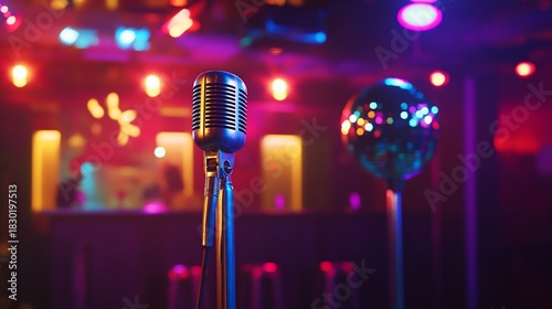 Retro microphone and disco ball glow under colorful stage lights evoking the ambiance of a live performance
