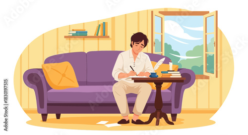Creative Cartoon Illustration of a Young Writer in a Cozy, Artistic Setting