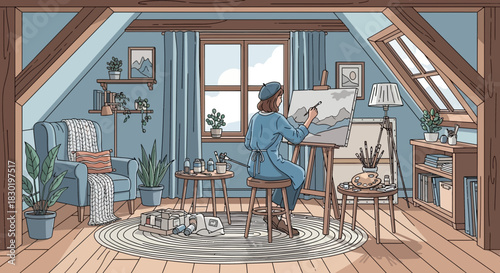 Artistic expression unfolds as a painter works in her cozy attic studio space