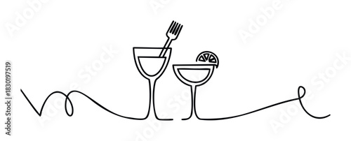 Simple line drawing celebrating culinary experiences with drinks and a fork, ideal for restaurant menus and hospitality promotions