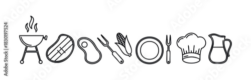Barbecue grill steak corn plate chef hat and pitcher line icons symbolizing outdoor cooking celebration and food preparation for a festive gathering