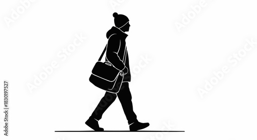 Silhouette of a person walking with a messenger bag.