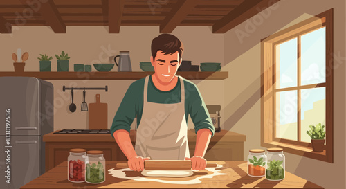 A man rolling dough in a rustic kitchen filled with natural light and charm