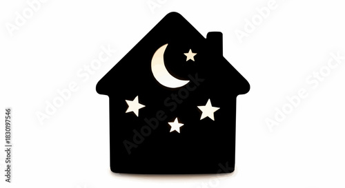 Black house silhouette with moon and stars cutout design.