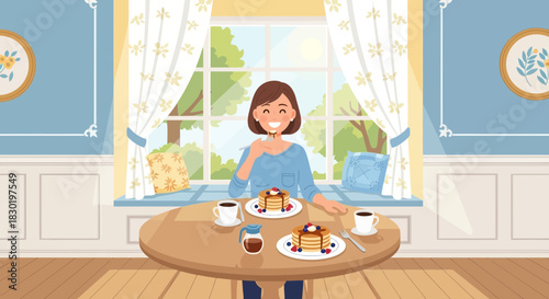 Joyful breakfast illustration: woman savoring pancakes in cozy, sunlit home
