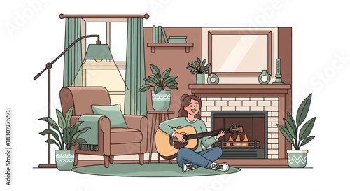 Serene illustration of a young woman playing guitar in a cozy living room