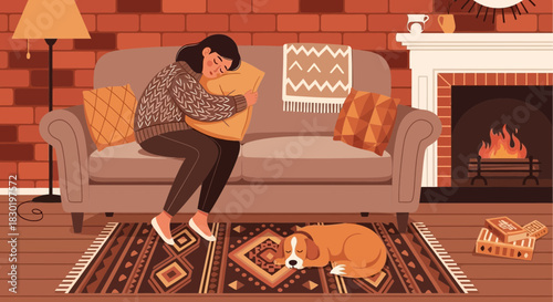 Cozy autumn scene with a resting woman, sleeping dog and fireplace ambiance