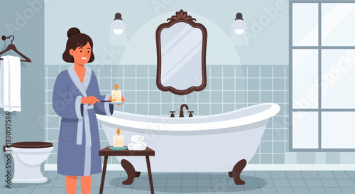Woman preparing a relaxing bath with candles in an elegant bathroom scenery