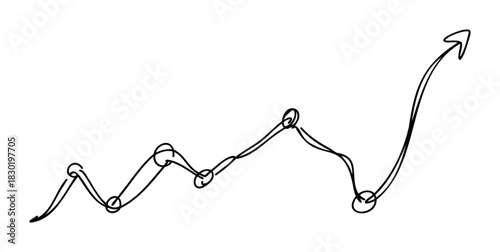 Hand drawn sketchy line graph with arrow showing upward trend and progress for financial growth and business development concepts.