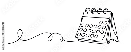 Minimalist line drawing of an open desk calendar with circular day markers and a coiled line extending to the left, perfect for time management and planning concepts.