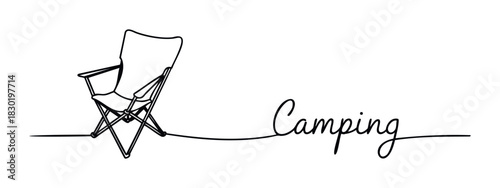 Minimalist line art depicts a folding chair and the word Camping, perfect for travel blogs and outdoor gear promotions.