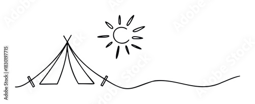 Minimalist line drawing of a tent and sun, evoking camping and outdoor adventure, perfect for travel blogs or adventure gear marketing.