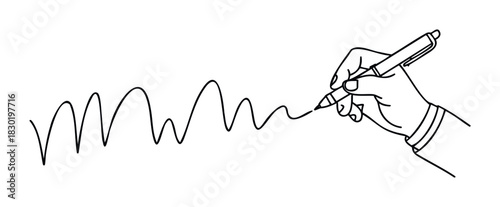 Hand holding a pen writing a wavy line on a white background, concept of creativity and communication for notes and messages