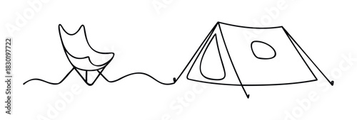 Minimalist line drawing of a camping chair connected by a wavy line to a simple tent, perfect for travel and outdoor adventure themes.