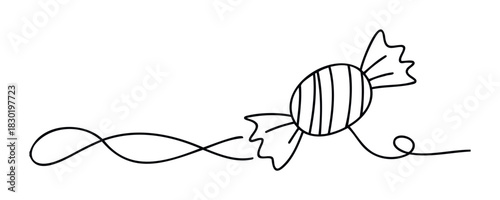 Whimsical line art of a wrapped candy with decorative flourishes perfect for sweet celebrations or holiday designs.