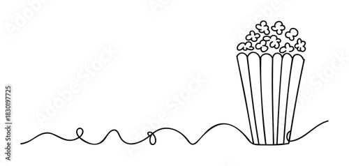 Single line drawing of a popcorn container overflowing with popcorn and a wavy line extending from its base, perfect for food and entertainment related projects.