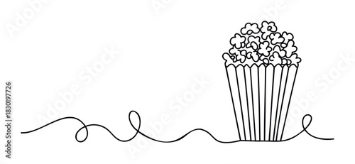 Simple continuous line drawing of a popcorn box full of popcorn and a whimsical squiggle extending leftward, perfect for movie night themes or fun snack promotions