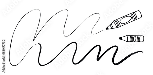 Hand drawn crayon strokes and scribbles in black ink, representing creative expression and freehand drawing, perfect for design projects and educational materials.