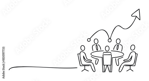 Business meeting around a table with people planning for upward growth and success leading to an arrow symbol representing progress and achievement in team collaboration.