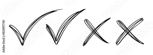 Hand drawn check marks and crosses symbolizing correct and incorrect choices for decision making, survey or evaluation on a white background for various business and educational projects.