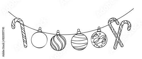 Festive holiday garland featuring candy canes and ornamental baubles strung on a thin rope, perfect for seasonal greetings and winter celebration projects.