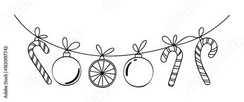 Whimsical Christmas garland featuring candy canes and ornaments strung on a decorative line, perfect for festive holiday greetings and winter celebrations