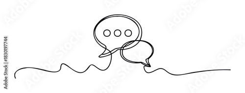 Abstract one line drawing of interconnected chat bubbles with ellipsis, symbolizing communication and conversation, perfect for website graphics and social media posts.