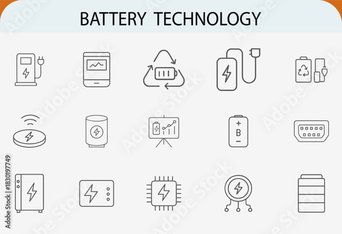 Electric battery technology power charge outline vector icon set