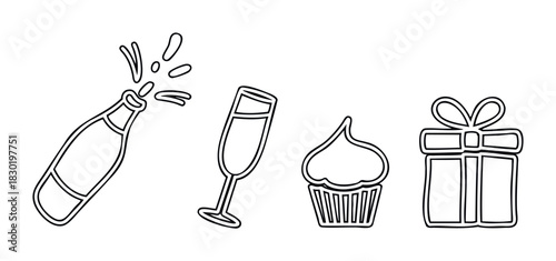 Celebration symbols including popping champagne, festive drink, cupcake, and gift box, perfect for party invitations, greeting cards, and event promotions.